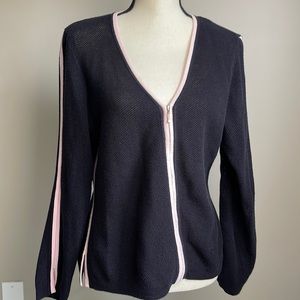 INC  Long Sleeve Black Mesh Zip Front Sweater Top with Pink Trim Size L